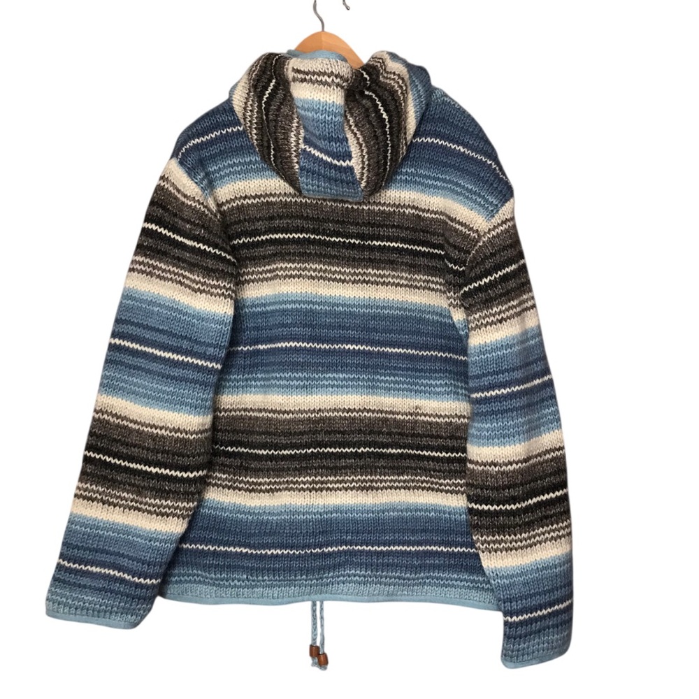 Laundromat Striped Blue Brown Cream Full Zip Wool Sweater Jacket Unisex Large - Picture 7 of 11